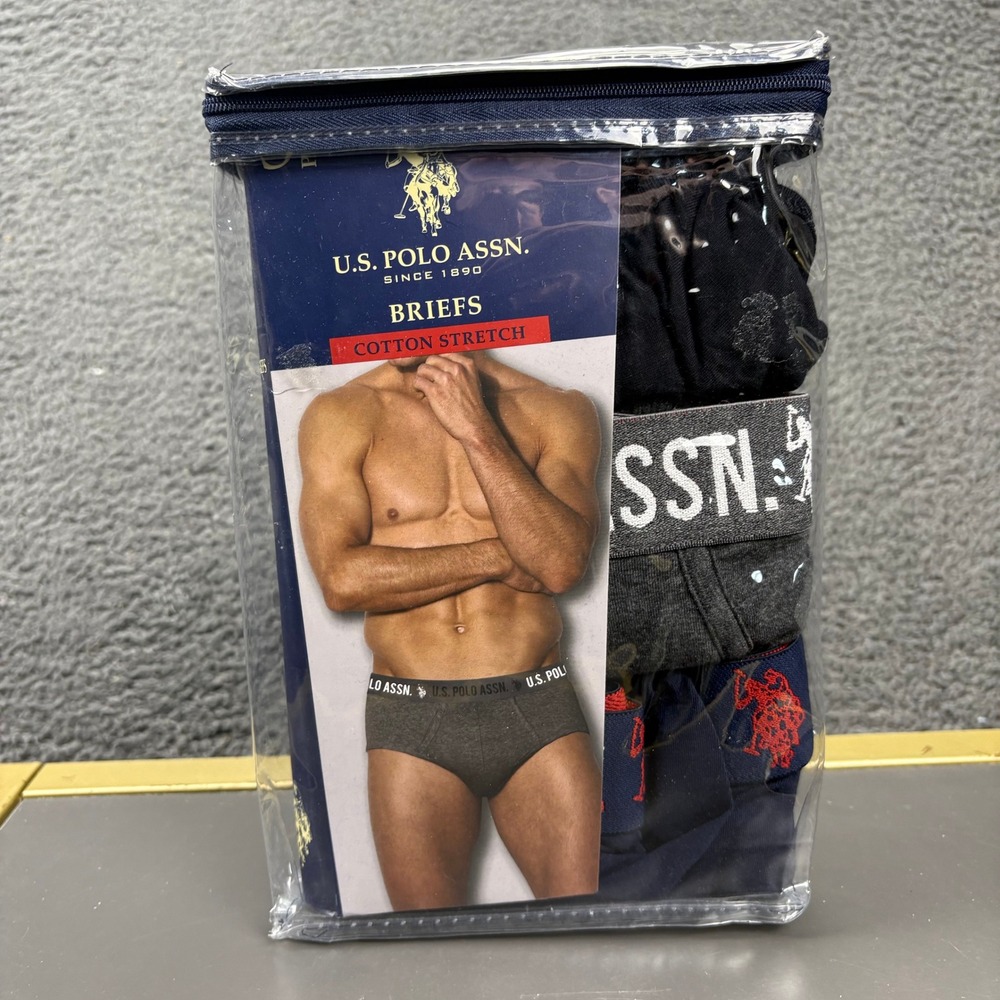 U.S.‎ Polo Assn. Mens 3 Pack Briefs Underwear Cotton Stretch Black Gray Blue 2XL